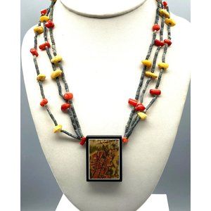 Vintage Tri Color Jade Choker, Unique Beaded Necklace with Pendant and Hook